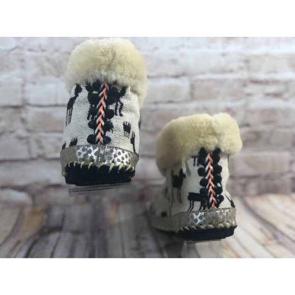 lamb fur lined woven booties sz 6‎ lama print boho suede bottom leather trim - Picture 3 of 11